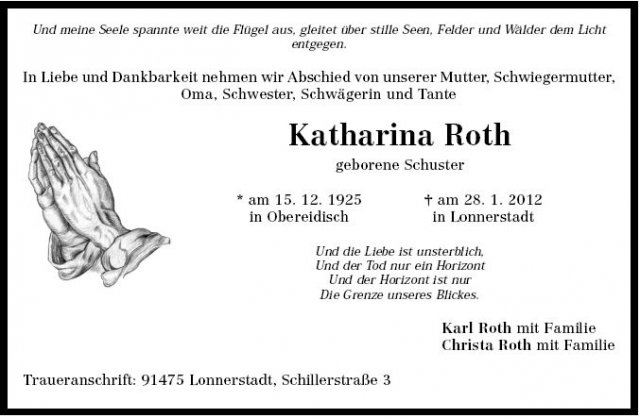 Schuster Katharina 1925-2012 Todesanzeige